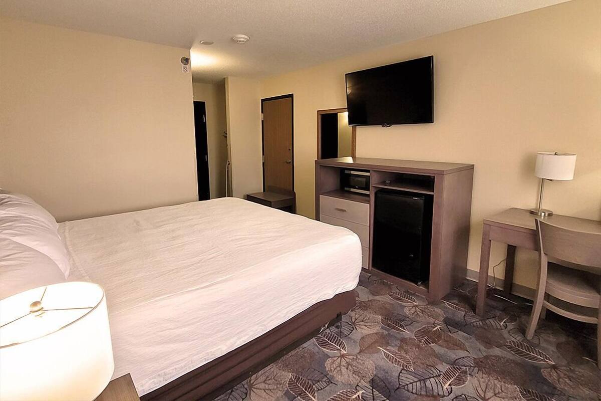 A hotel room with a bed, a desk with a chair, a television, and a mirror.