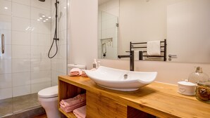 A modern bathroom with a glass-enclosed shower, a wooden vanity with a white sink, and a mirror above the sink. - Provincial Apartment 2 (Nelson)