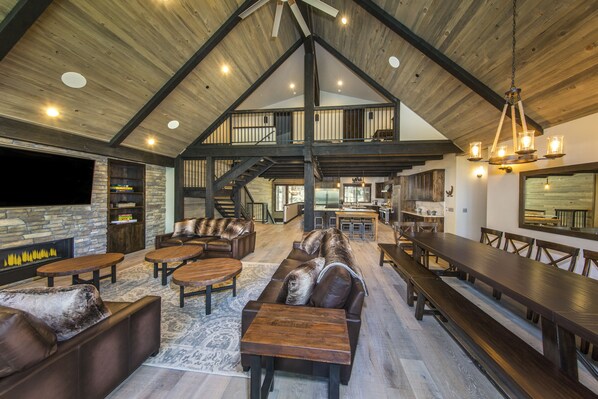 Smart TV, fireplace, DVD player, foosball