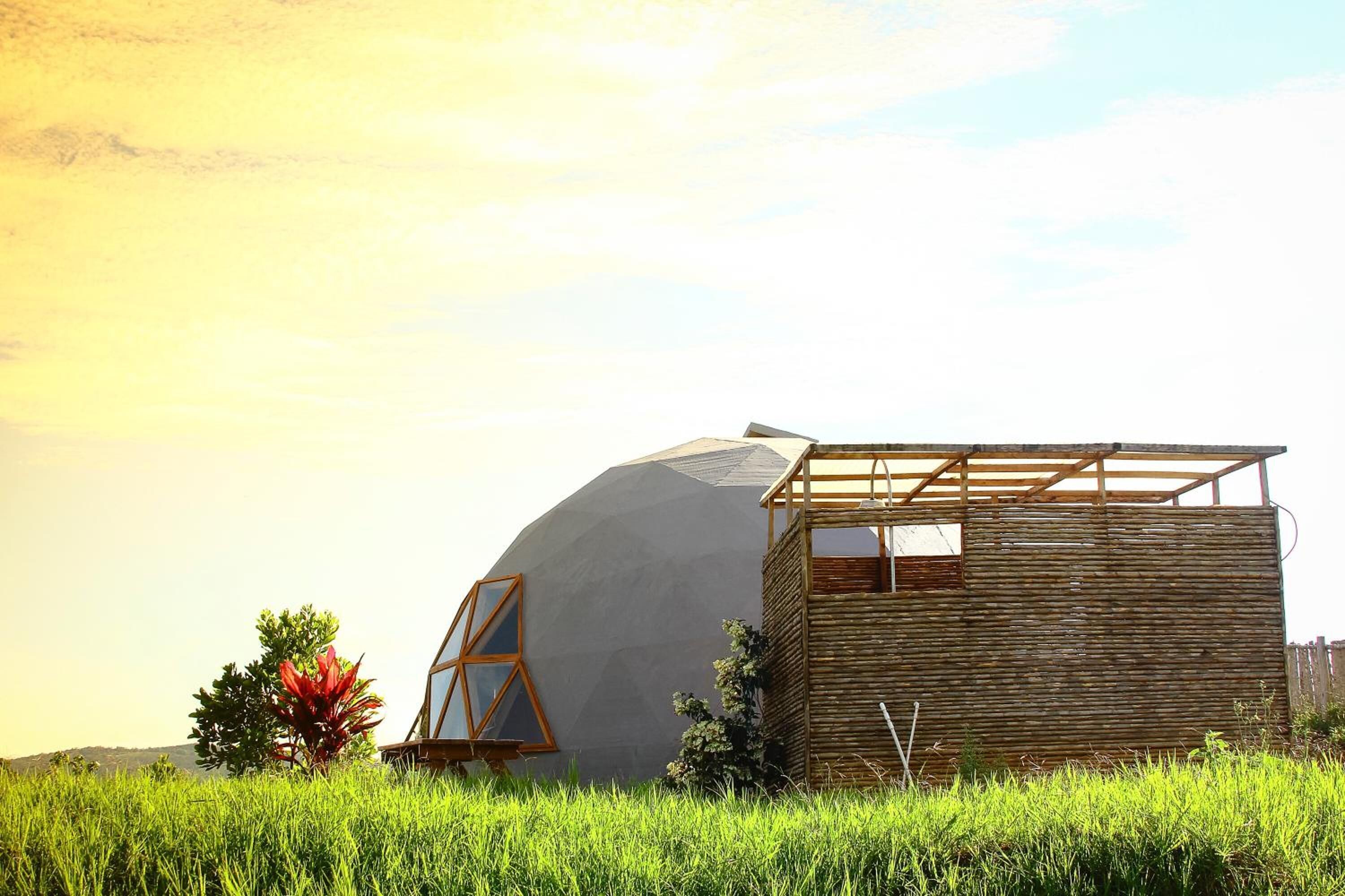 A geodesic dome structure with a wooden cabin adjacent to it, surrounded by lush green grass and a clear sky.