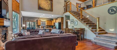 Flat-screen TV, fireplace, video games, DVD player