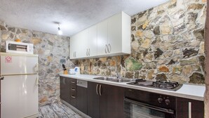 A compact kitchen with a stone wall, a microwave, a refrigerator, a sink, cabinets, and a stove. - old stone house Lelas (Omiš)