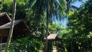 A tropical setting with a bungalow-style house surrounded by lush greenery and palm trees. - KOANA Bungalows (Ko Pha-ngan)