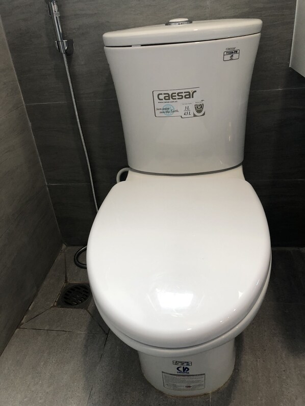 A white toilet with a caesars logo and water-saving information.