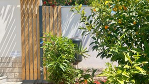 A landscaped garden with a wooden fence, a stone wall, and a variety of plants including red flowering bushes and a citrus tree. - October in Luxury Sea-View Stay near Sandy Beach (Zambratija)