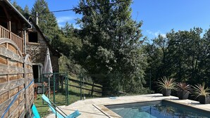 Piscina com deck de pedra, rodeada por cerca de madeira e plantas em vasos.