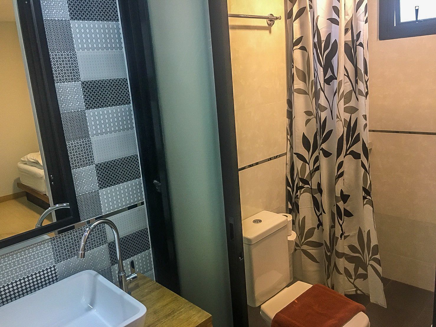 family room | bathroom | shower, free toiletries, hair dryer, towels
