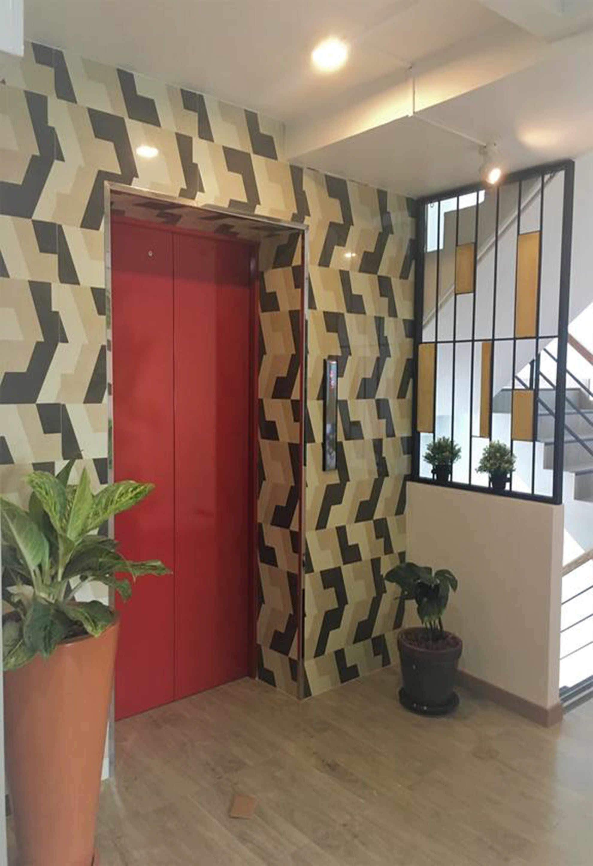 A modern interior with a geometric patterned wall, a red door, and a potted plant.