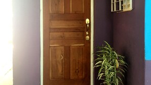 Eine Holztür mit Messingklinke, ein Blumentopf und eine Streifenmatte auf Fliesenboden.