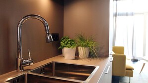 A modern kitchen with a stainless steel sink, a built-in oven, and a potted plant on the countertop.