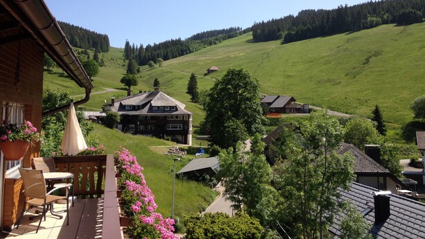 Un hotel con terraza y vistas a un valle verde, con una montaña al fondo.
