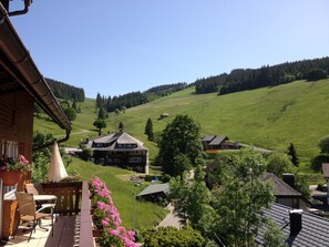 A hotel with a terrace, a view of a green valley, and a mountain in the background.