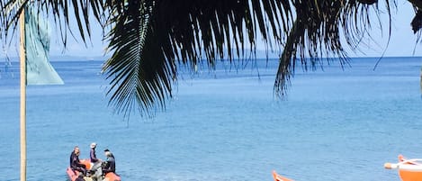 Accommodatie ligt op het strand, zwart zand, duiken
