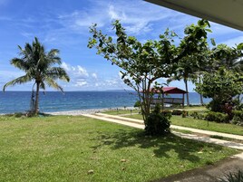 Vista de una playa con una palmera, un pabellón y un cielo azul despejado.