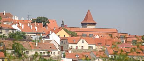 A town with red-roofed buildings, including a prominent tower with a pointed roof.