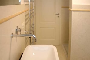 A bathroom with a white sink, a door, and a handrail.