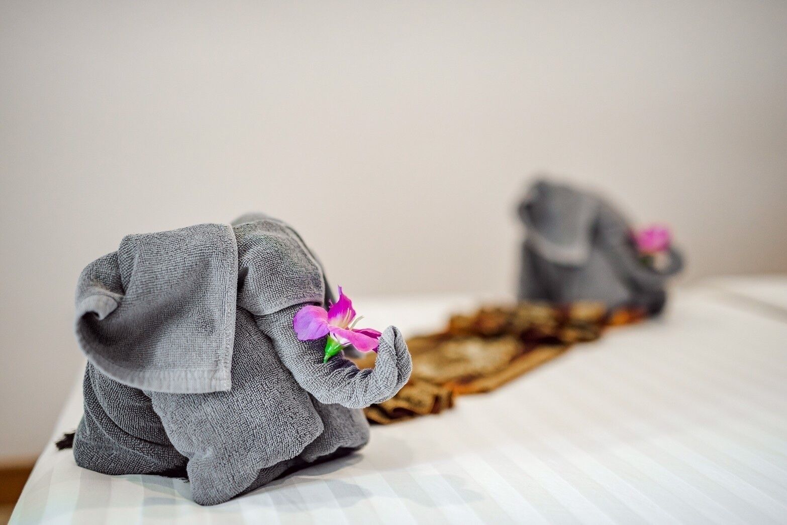 Dues tovellas plegades en forma d'elefant, cadascuna amb un flòrum, damunt d'un llit amb mantell estriat.