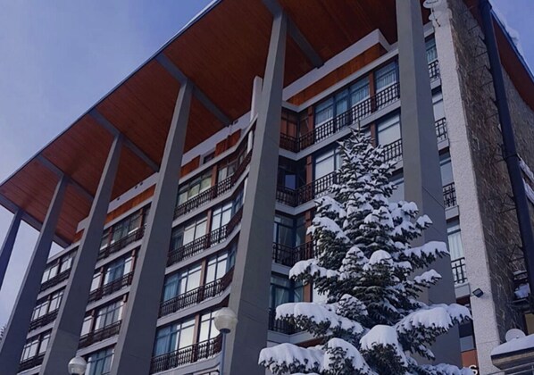 A multi-story building with balconies and a snow-covered tree in front. - Hotel Edelweiss Candanchu (Aisa)