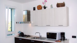 Una cocina moderna con estufa, pileta, microondas y un estante colgante con objetos decorativos.