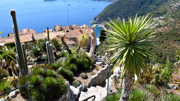 A coastal garden with cacti and a statue, overlooking a sea with boats and a town in the distance. - VILLA SOLARIS Independent studio in villa with pool (Alpes-Maritimes)