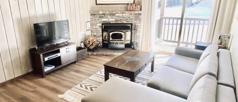 Smart TV, fireplace, DVD player, foosball
