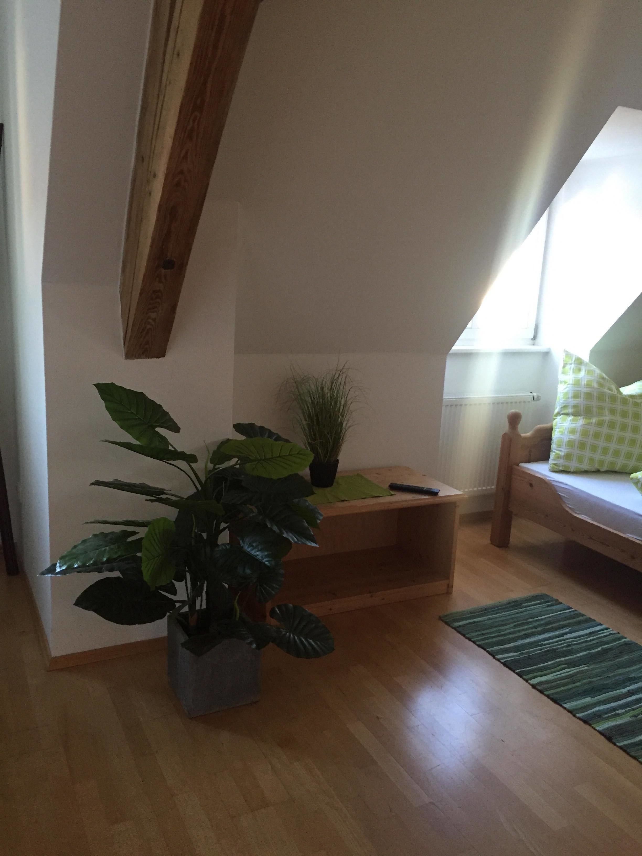 A cozy room with a wooden bench, a small table, and a green plant.