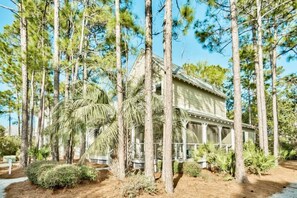 A rustic cabin surrounded by tall pine trees and palm plants. - Steps from pool and Beach-Renovated-`Texas Tide` (Santa Rosa Beach)