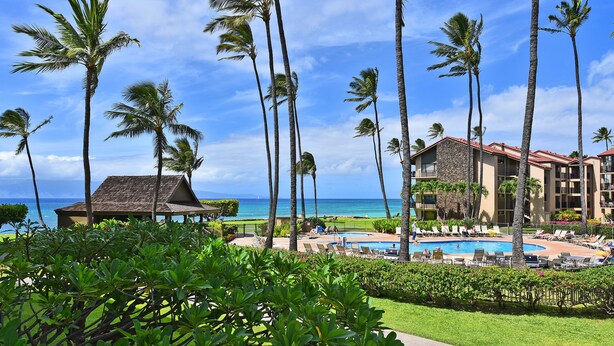 Um resort com área de piscina, palmeiras e vista para o oceano.