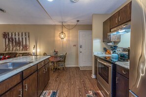 Fridge, microwave, oven, stovetop - Helen Riverfront 1BR 1BA Condo | Balcony Overlooking River | Downtown Helen (Helen)