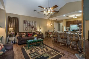 Flat-screen TV, fireplace, DVD player - Helen Riverfront 1BR 1BA Condo | Balcony Overlooking River | Downtown Helen (Helen)