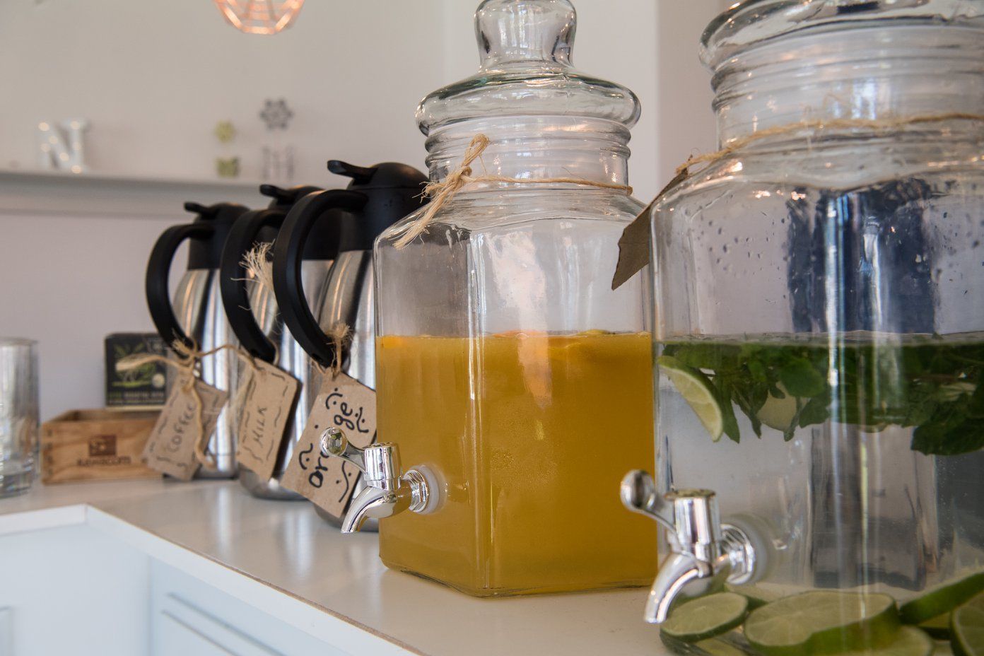 Dos recipientes de vidrio con etiquetas, uno con líquido amarillo y otro con líquido verde y hojas de menta.