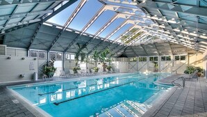 Una piscina interior con techo de vidrio, rodeada de sillas de descanso y plantas en macetas.