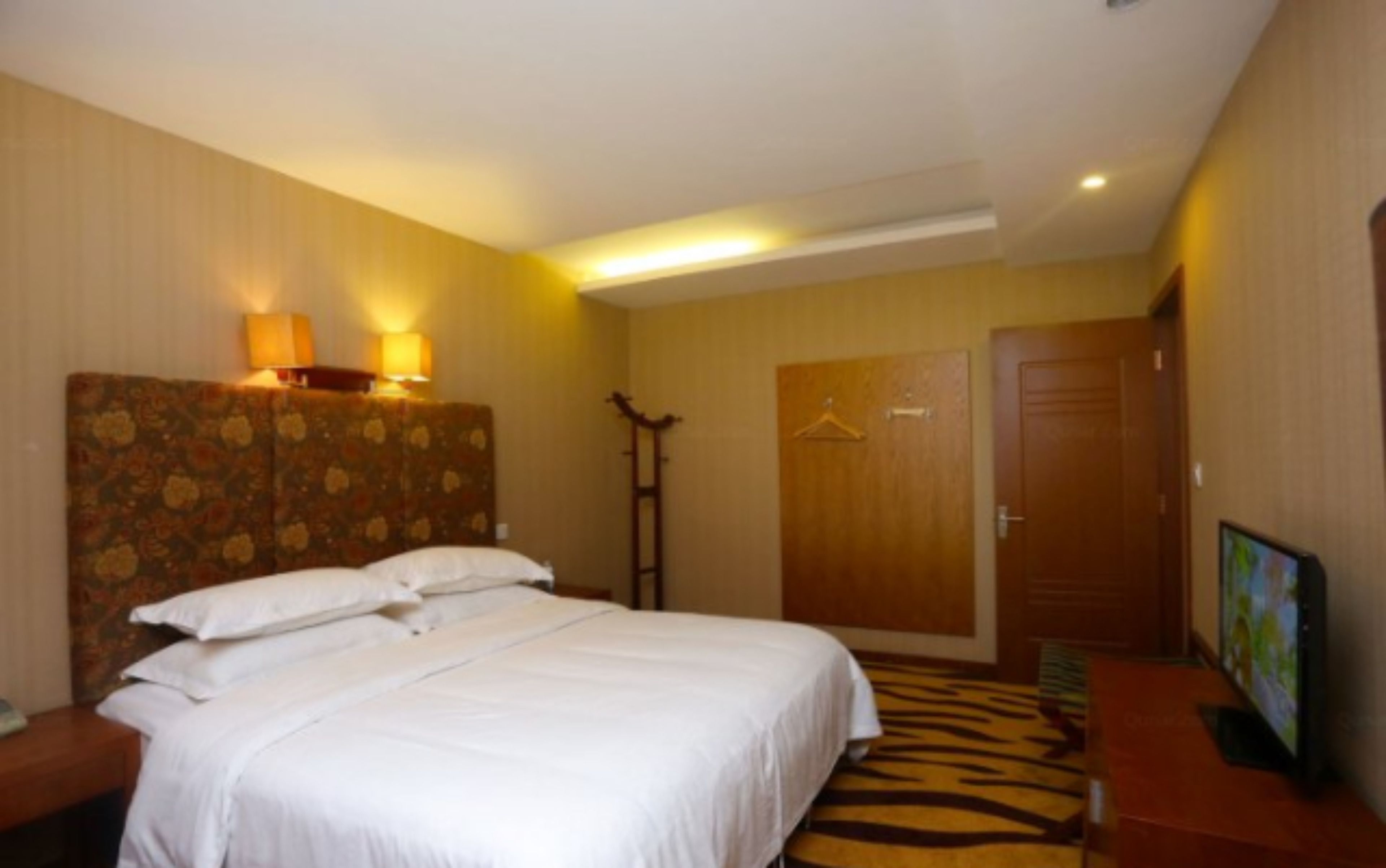 A hotel room with a bed, bedside lamps, a coat rack, a wardrobe, and a television.