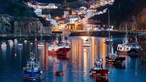 A harbor with boats docked, a bridge, and buildings in the background. - Apartamentos Rurales La Torre (Valdes)