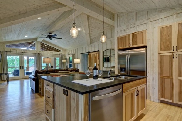 Vaulted ceilings with an open floor plan.