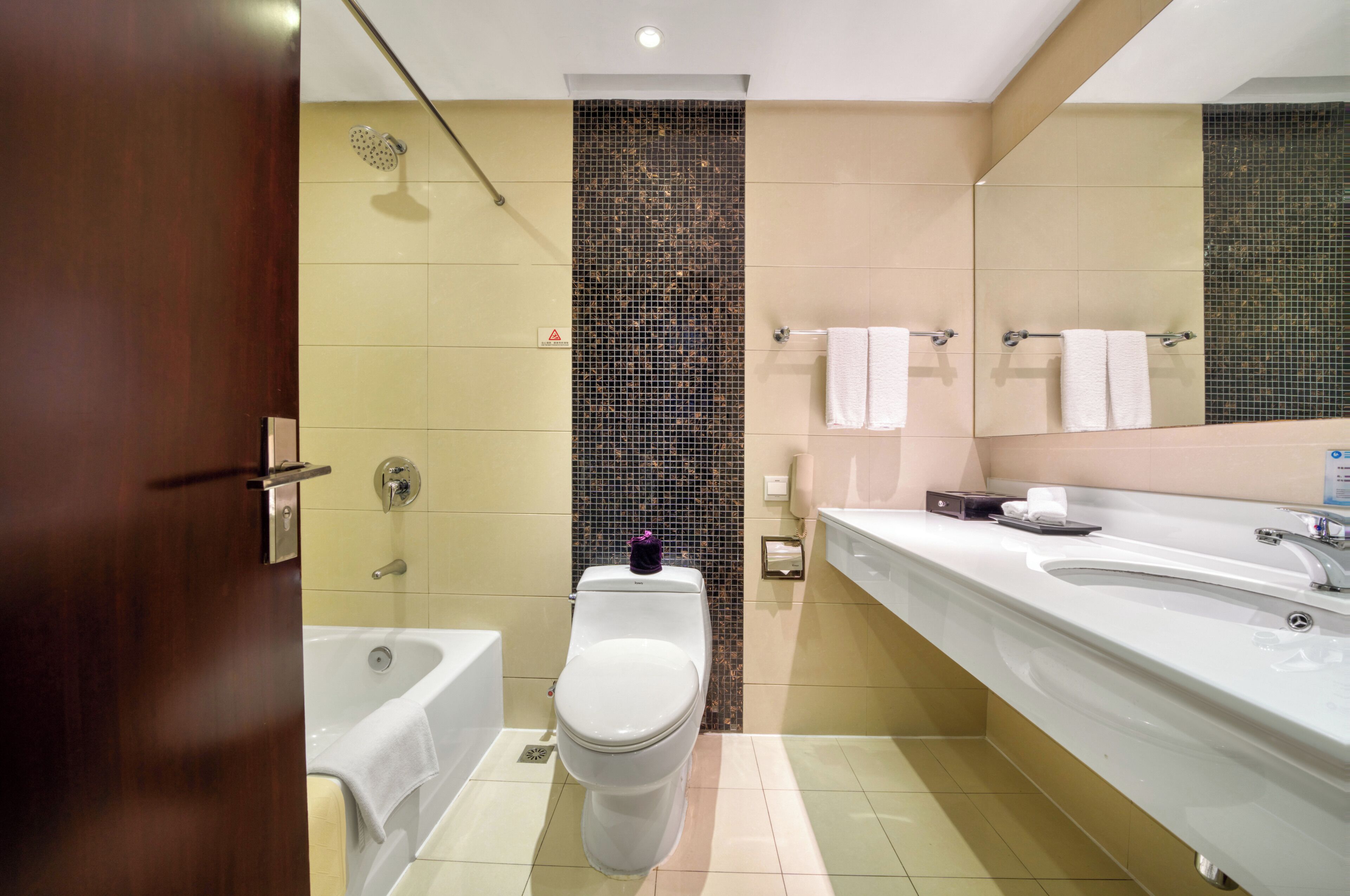 Un bagno moderno con vasca, servizi igienici e un ampio lavabo.