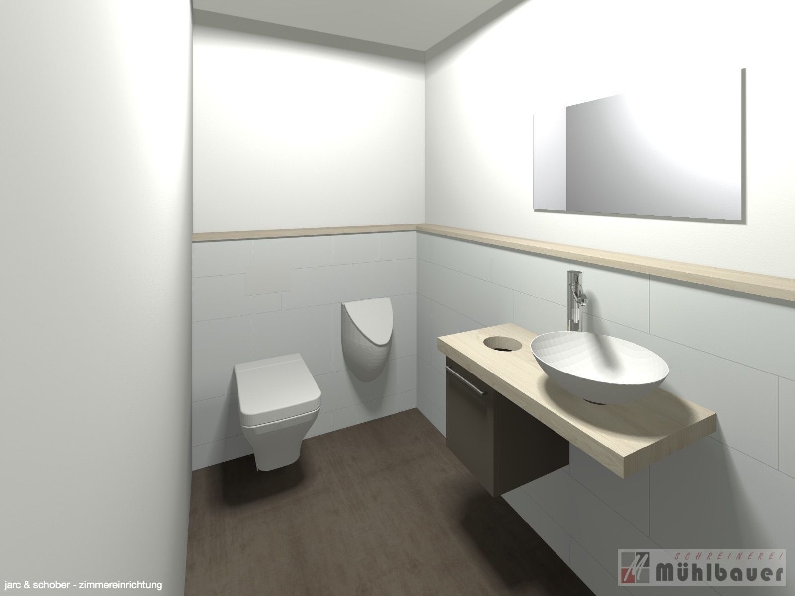 A modern bathroom with a toilet, bidet, and a sink with a mirror above it.