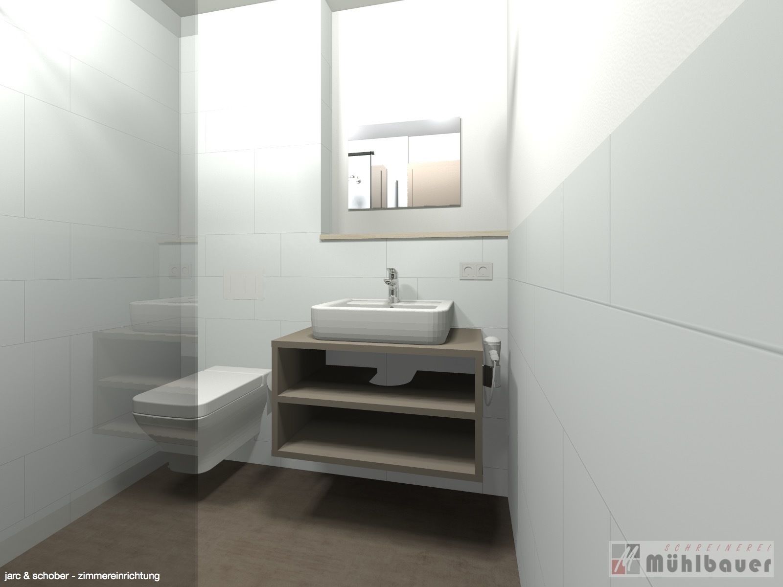 Une salle de bain moderne avec des toilettes, un lavabo et un miroir.