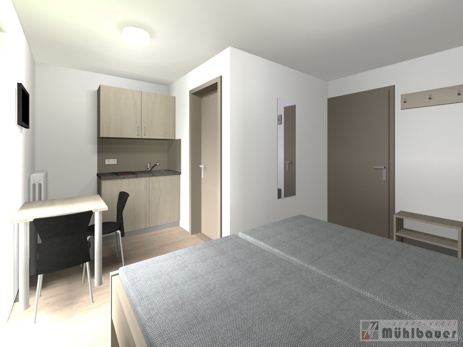 A modern bedroom with a bed, a desk, and a kitchenette.