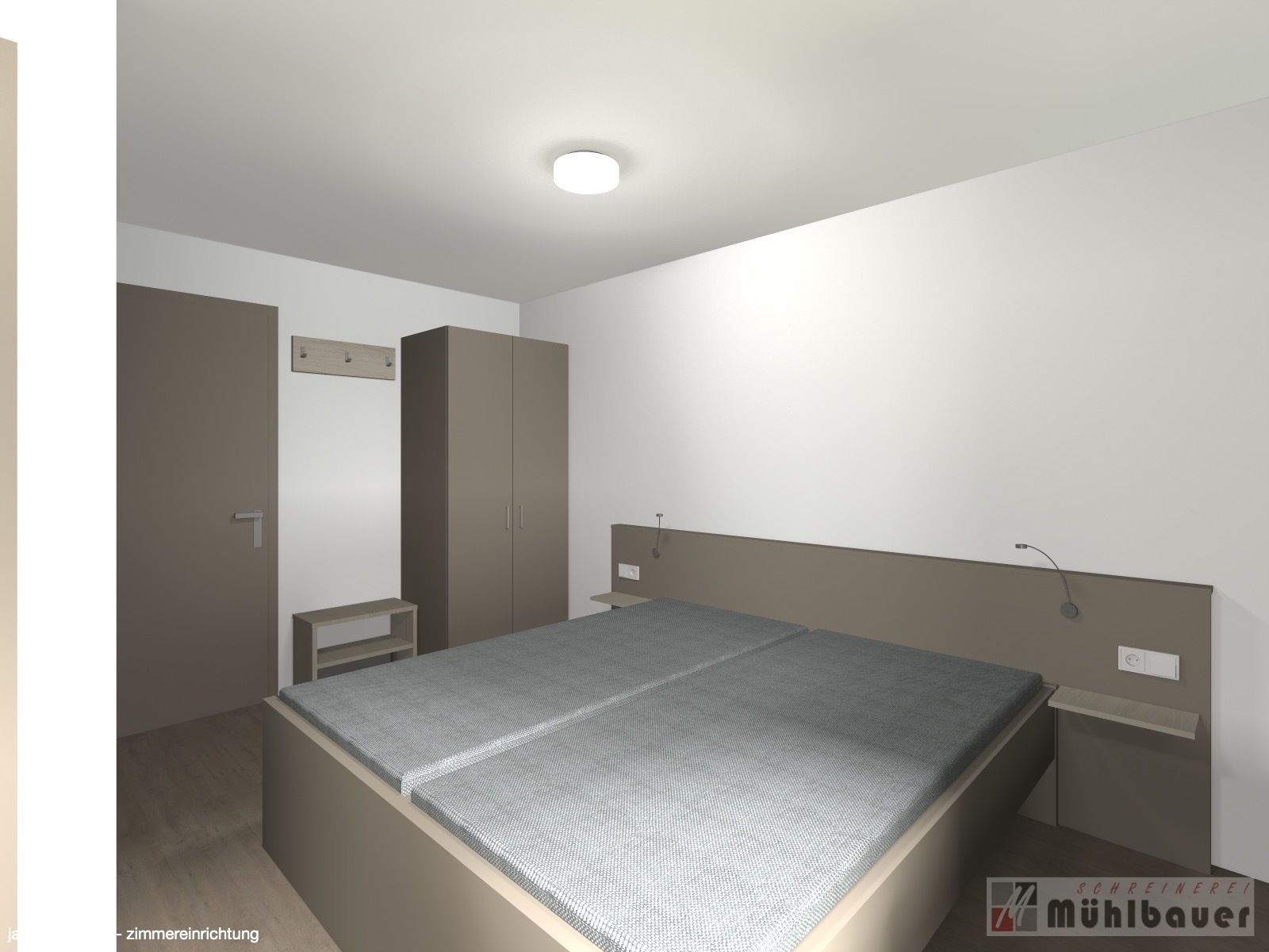 Un dormitorio con cama, armario, escritorio y estante en la pared.