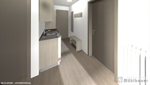 Et moderne køkken med indbygget komfur og vask, et træskab og en bænk.
