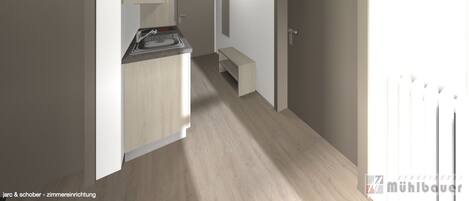 A modern kitchen with a built-in stove and sink, a wooden cabinet, and a bench.