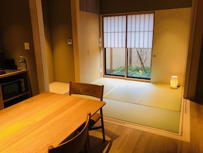 CAMPTON KIYOMIZU 6 (with wooden bathtub),Semi-double bed x2 for 2 people, Futon for the others | Living area | Flat-screen TV