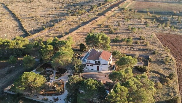 Vista aérea de una propiedad rural con una casa blanca rodeada de árboles y campos.