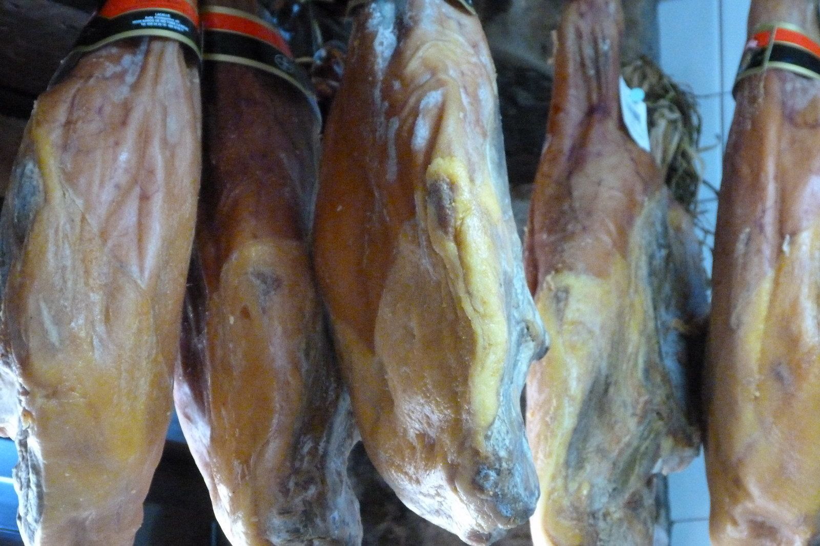 Plusieurs gros porcs, séchés et suspendus au plafond.