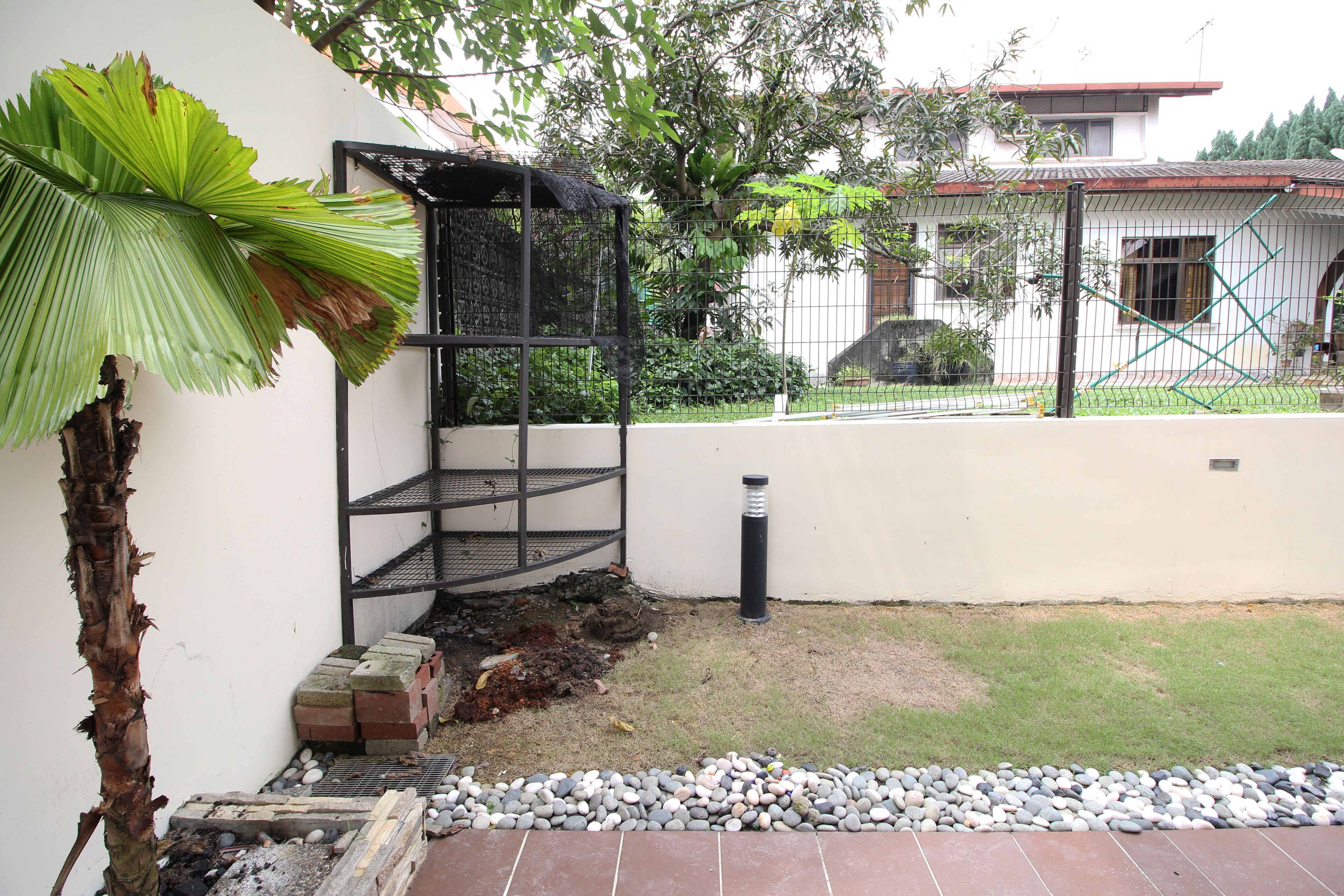 A courtyard with a metal structure, a palm tree, and a white wall.