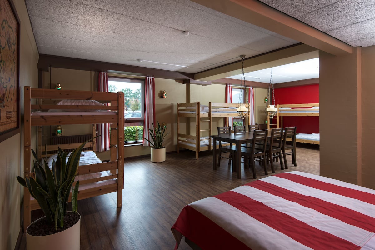 A room with bunk beds, a dining table, chairs, a potted plant, and a red and white striped bedspread.
