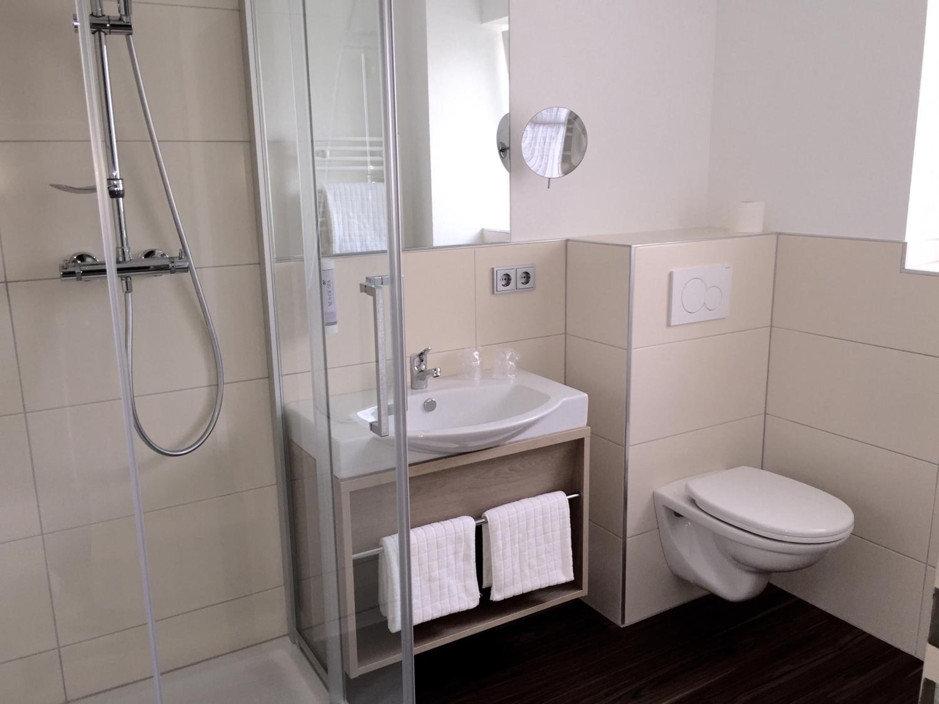 Un baño moderno con ducha envuelta en vidrio, un lavabo blanco, un inodoro y un espejo.
