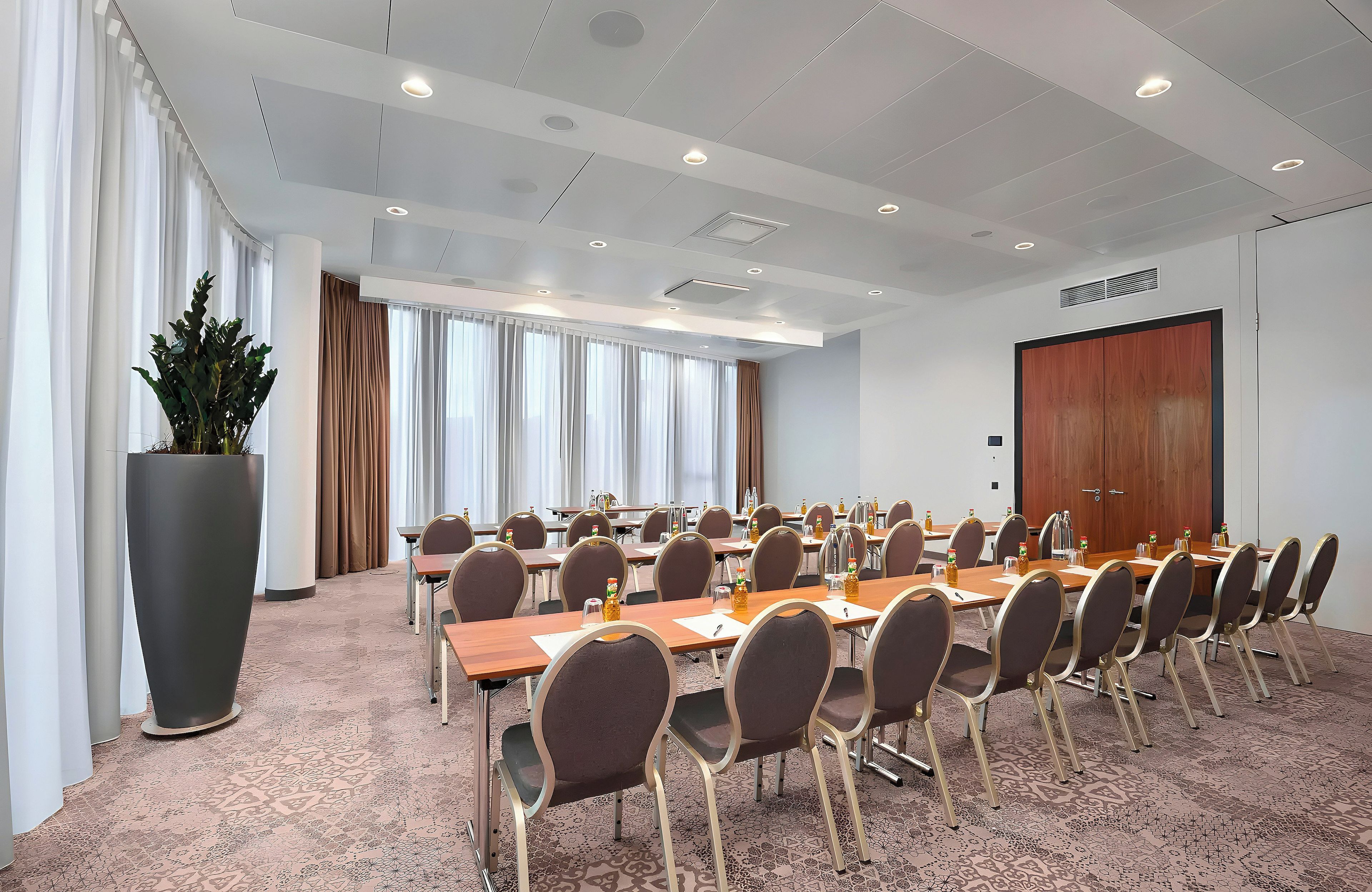 Une salle de conférence avec une longue table, des chaises et une grande plante en pot.