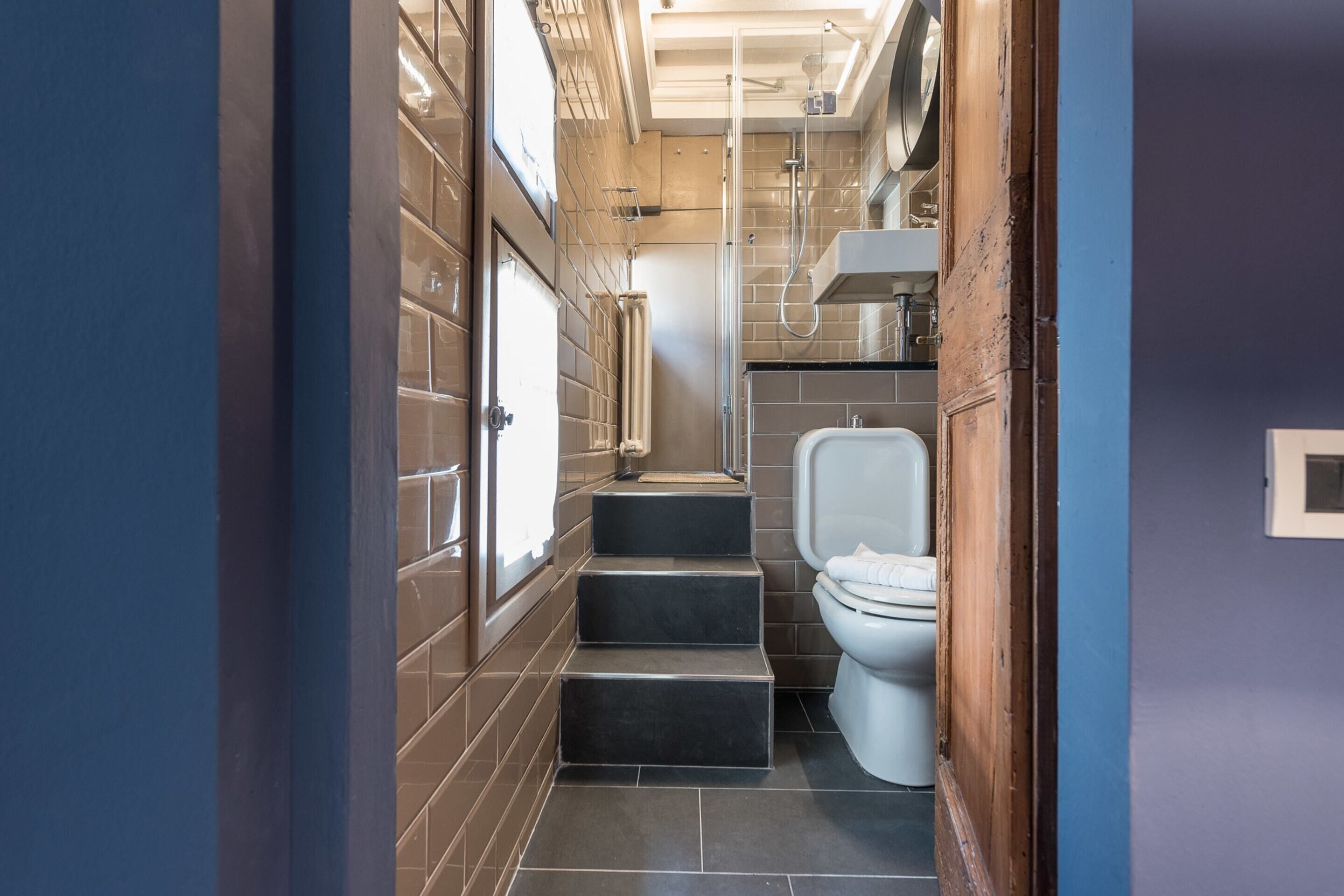 A modern bathroom with a glass shower enclosure, a white toilet, and a sink.